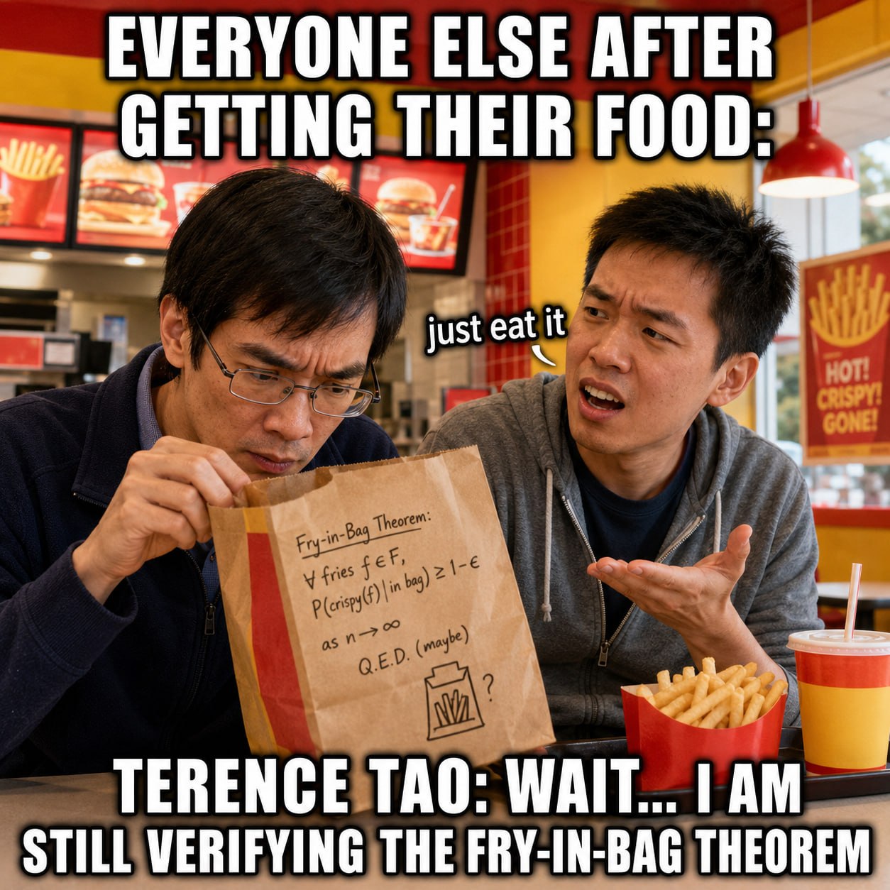 Terence Tao inspecting a fry bag while verifying the fry-in-bag theorem