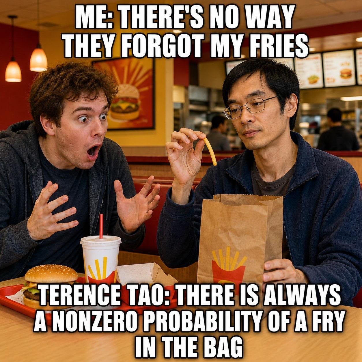 Terence Tao explaining the nonzero probability of a fry remaining in the bag